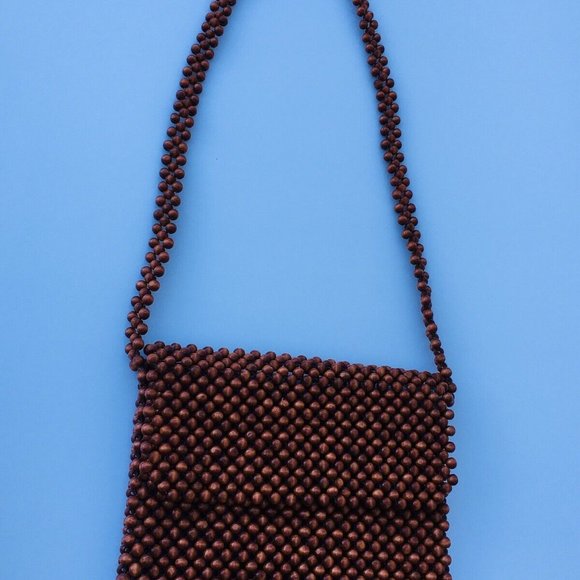 Vintage Hand Made Brown Wood Beaded Evening Shoulder Handbag Long Strap Bag - Picture 5 of 12